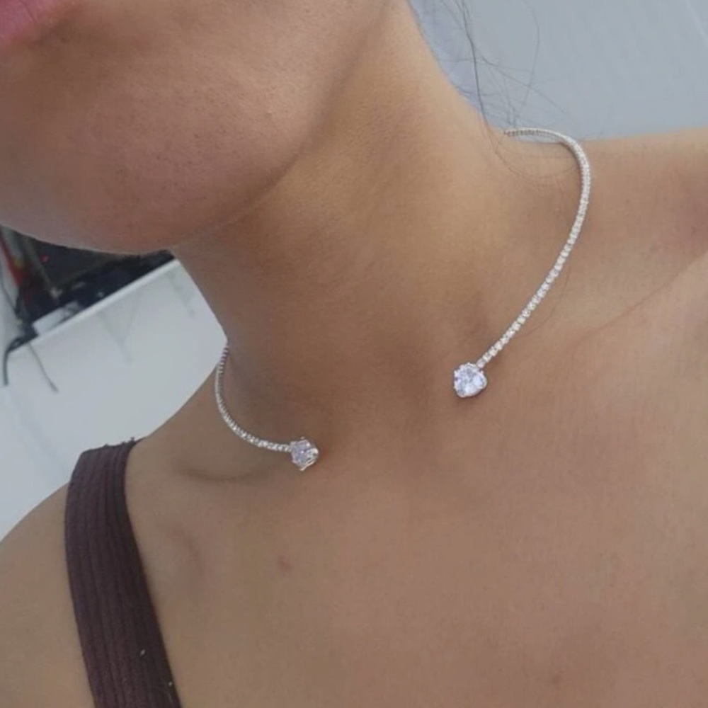 New Crystal & Cubic Zirconia Heart Accented Open Cuff Pave Choker Necklace - Picture 6 of 16